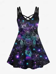 Plus Size Cami Dress Galaxy Glitter Feather Print Crisscross Vestidos Summer Casual Dresses For Women 6X