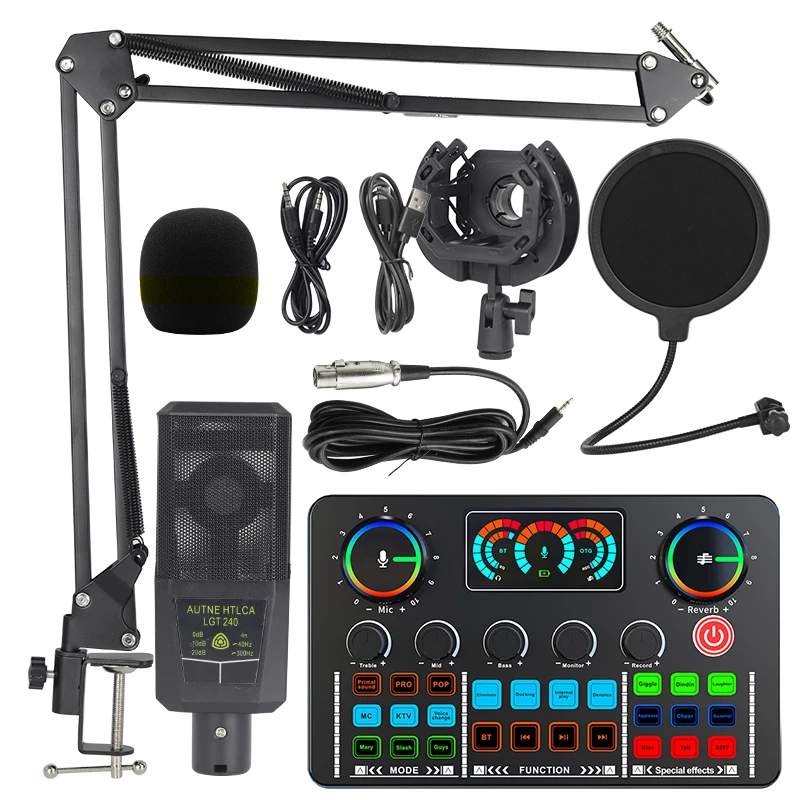 Likheung Professional Condenser Microphone Set and Sound Card Studio Music Audio Mixer Mic Voice Live Broadcast for Streaming