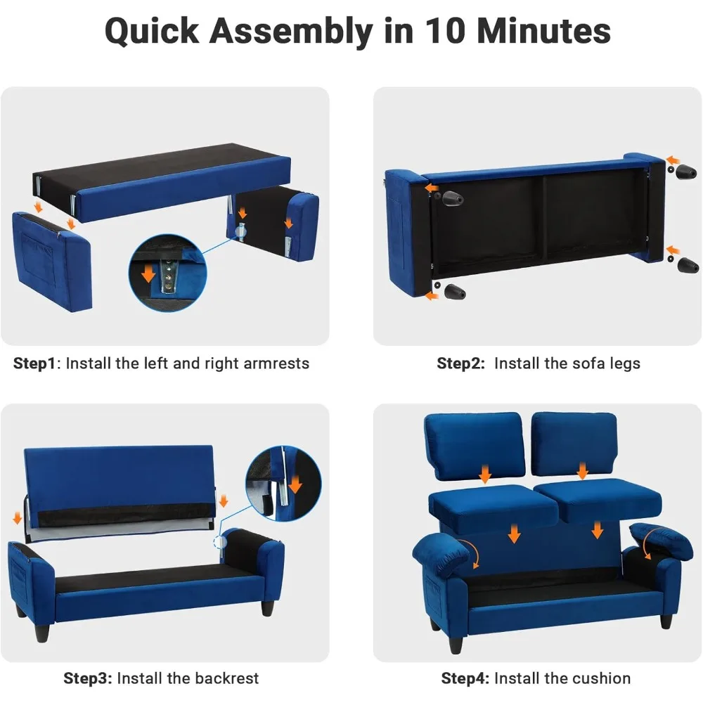 Sofá de salón de 70 pulgadas, sofás profundos de terciopelo para espacios pequeños, sofá de dos plazas moderno de mediados de siglo con bolsa de almacenamiento, dormitorio