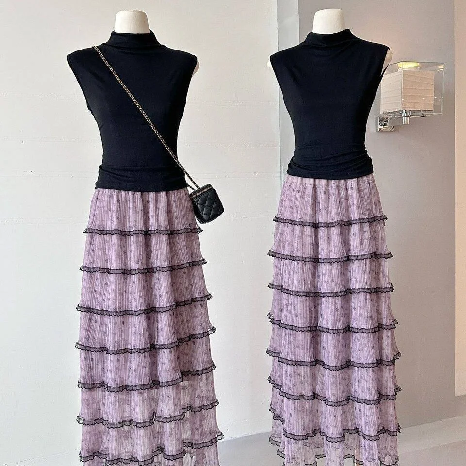 Stunning Purple High Waist Fairy Skirt Half-length Cake Style Women's Casual Polyester Spring 2026 New Arrival Elastic Waist