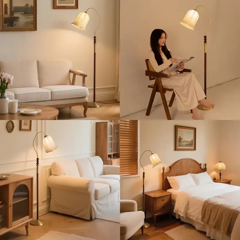 for Eslan Solid Wood Metal Glass Retro Lotus Shape Floor Lamp Intelligent Dimming Vertical Standing Light