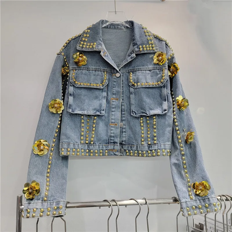 

Heavy Industry Denim Coat Female Short Loose Long Sleeves Beaded Three-Dimensional Flower Personality Jean Jacket for Women