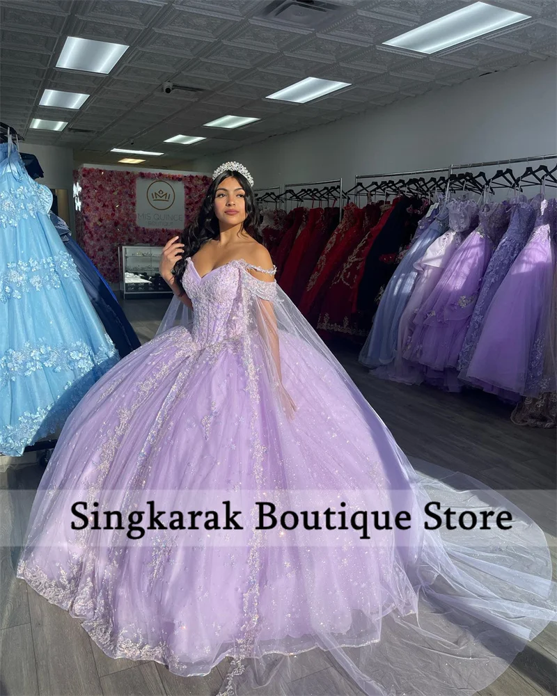 Nette Lila Blumen Prinzessin Quinceanera Kleider 2023 Mit Freistehendes Cape Perlen Kristall Süße 16 Kleid Vestido De 15 Años Prom