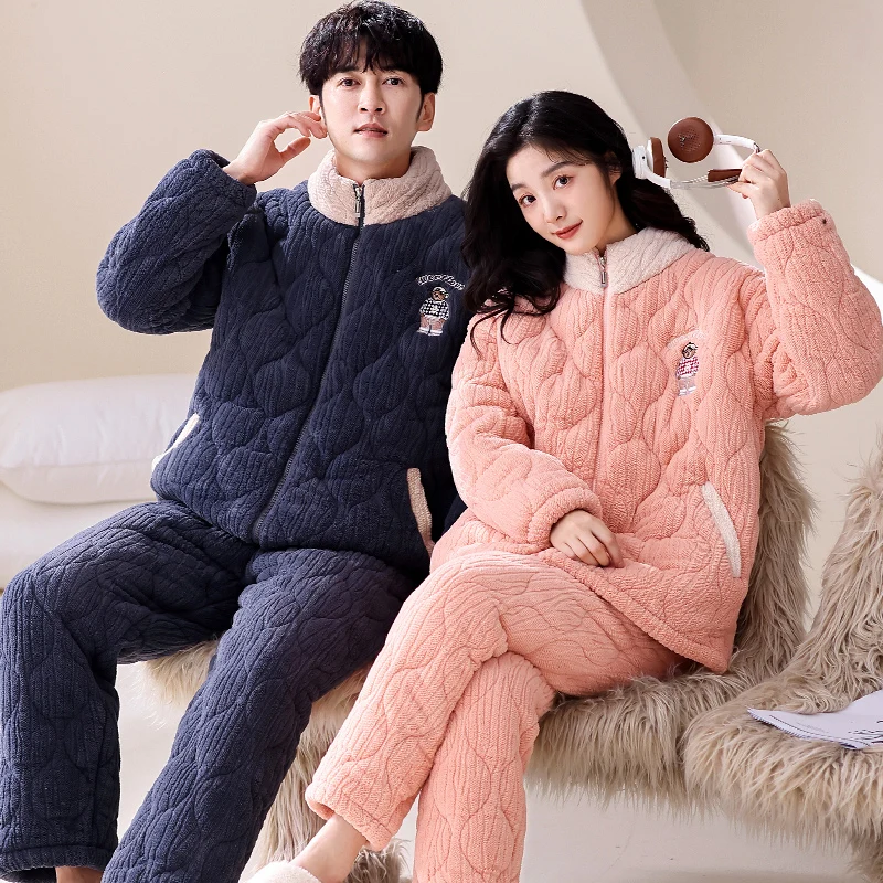 Newest Couple 3 Layer Clip Cotton Pajamas Set Winter Women and Men Warm Flannel Pijama Lovers Cute Cartoon Sleepwear