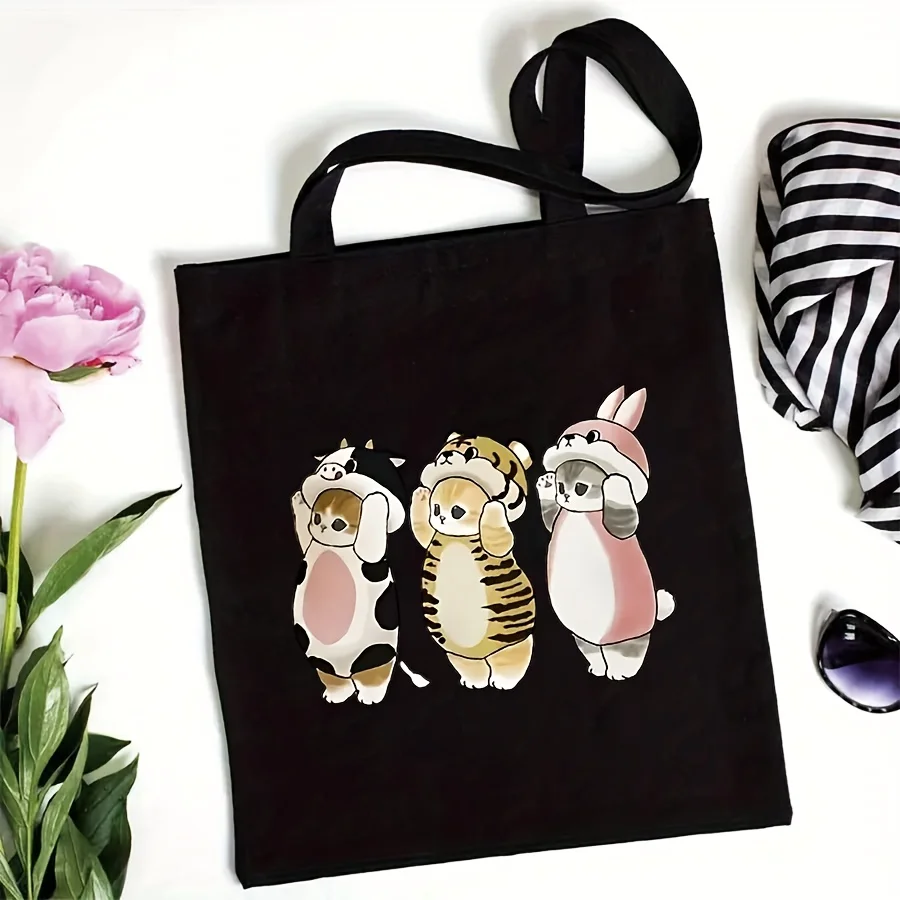 Cute Cat Print Canvas Bag Funny Food Lover Design Durable Reusable Tote for Work School and Everyday Carry Bag for Women