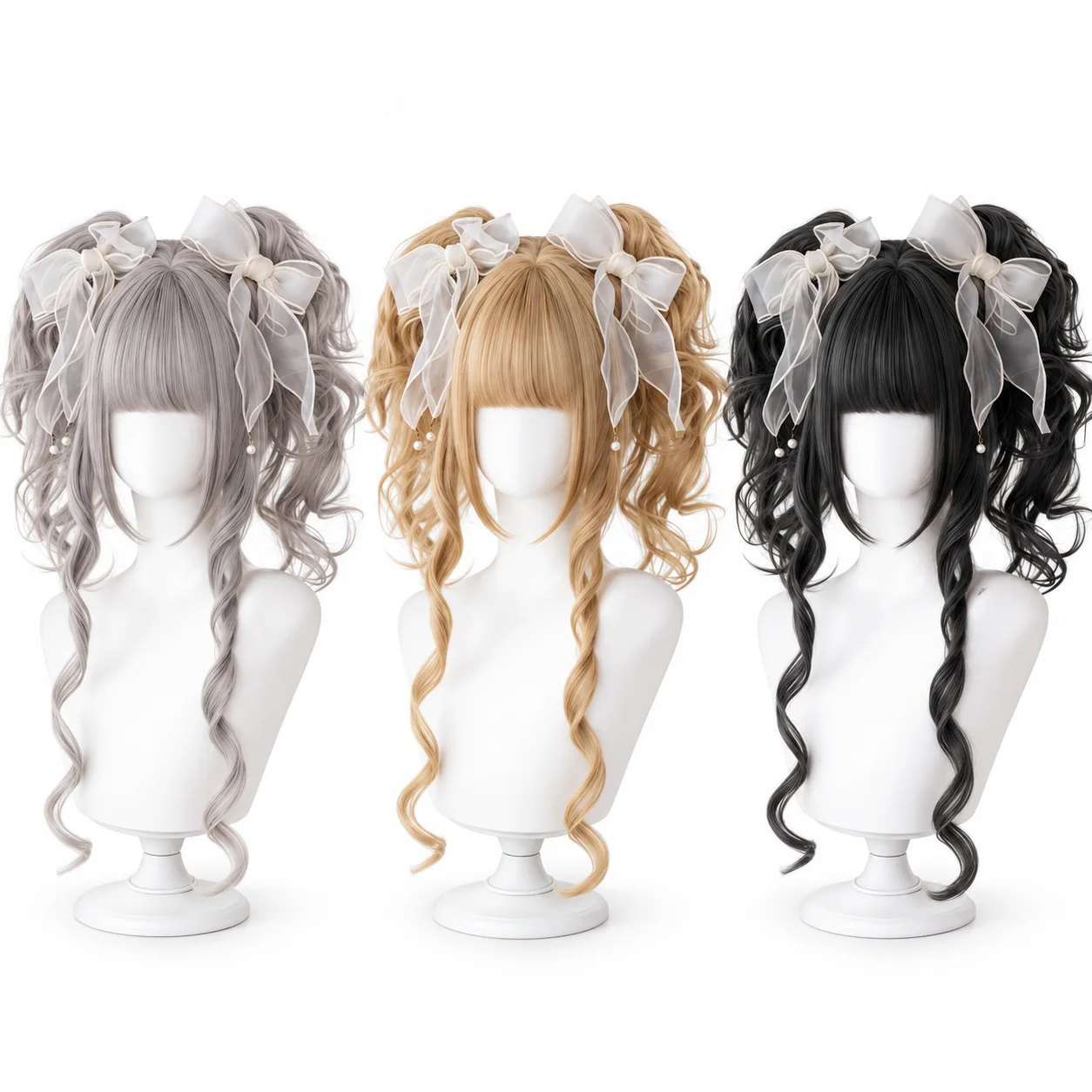 Cute Lolita Full Wig with Detachable Twin Ponytails Natural Synthetic Hair Cosplay Wig for Women, Hair Accessories Not Included