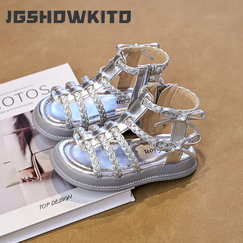 JGSHOWKITO Summer Girls Woven Gladiator Sandals Causal High Top Children Bow Roman Sandals for Princess Kids School Dress Shoes