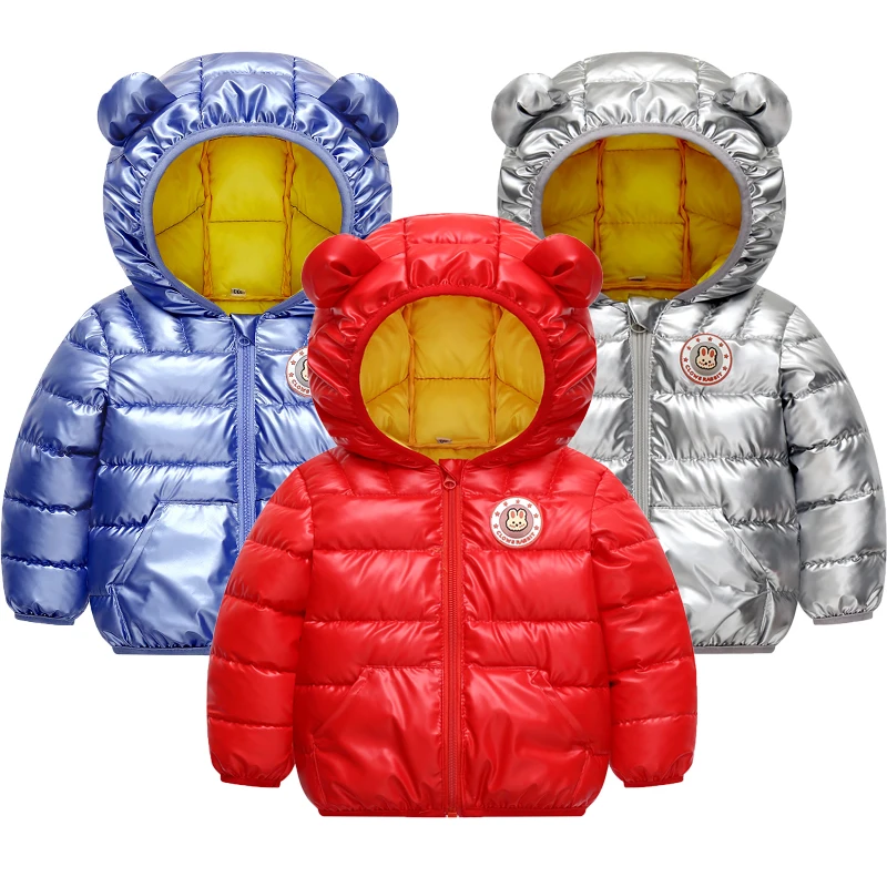 

2023 Winter New Boys Girls Jacket Solid Color Glossy Waterproof Thicken Keep Warm Hooded Down Cotton Outwear For 2-6 Years