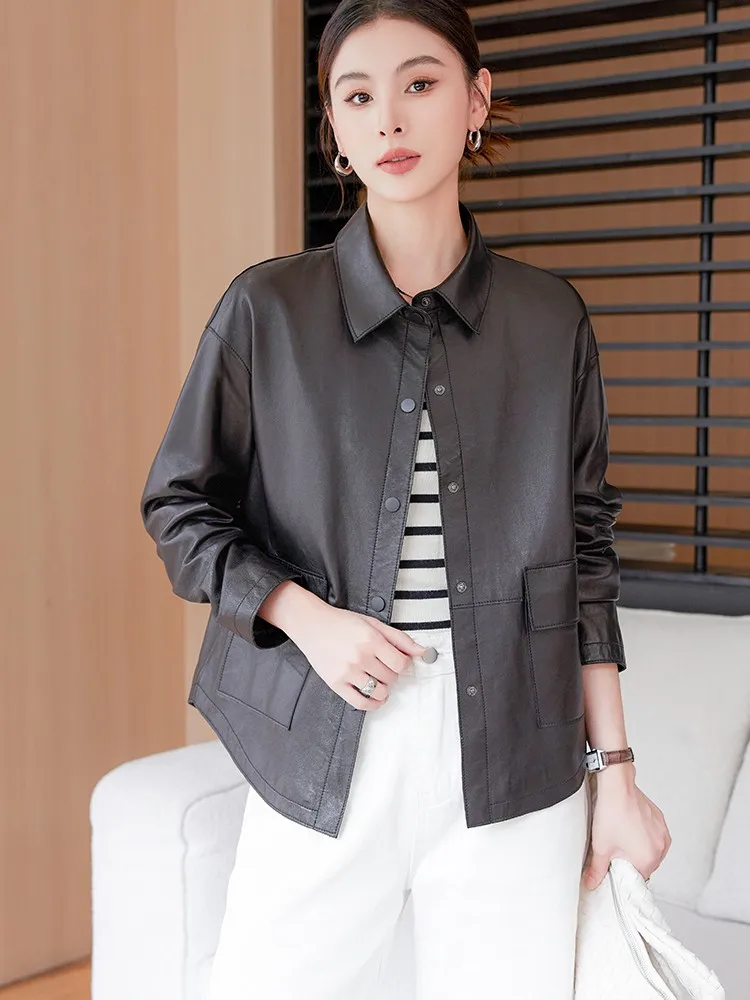 Giacca da donna in vera pelle monopetto casual manica lunga moda primavera autunno ufficio cappotto di pelle di pecora tinta unita