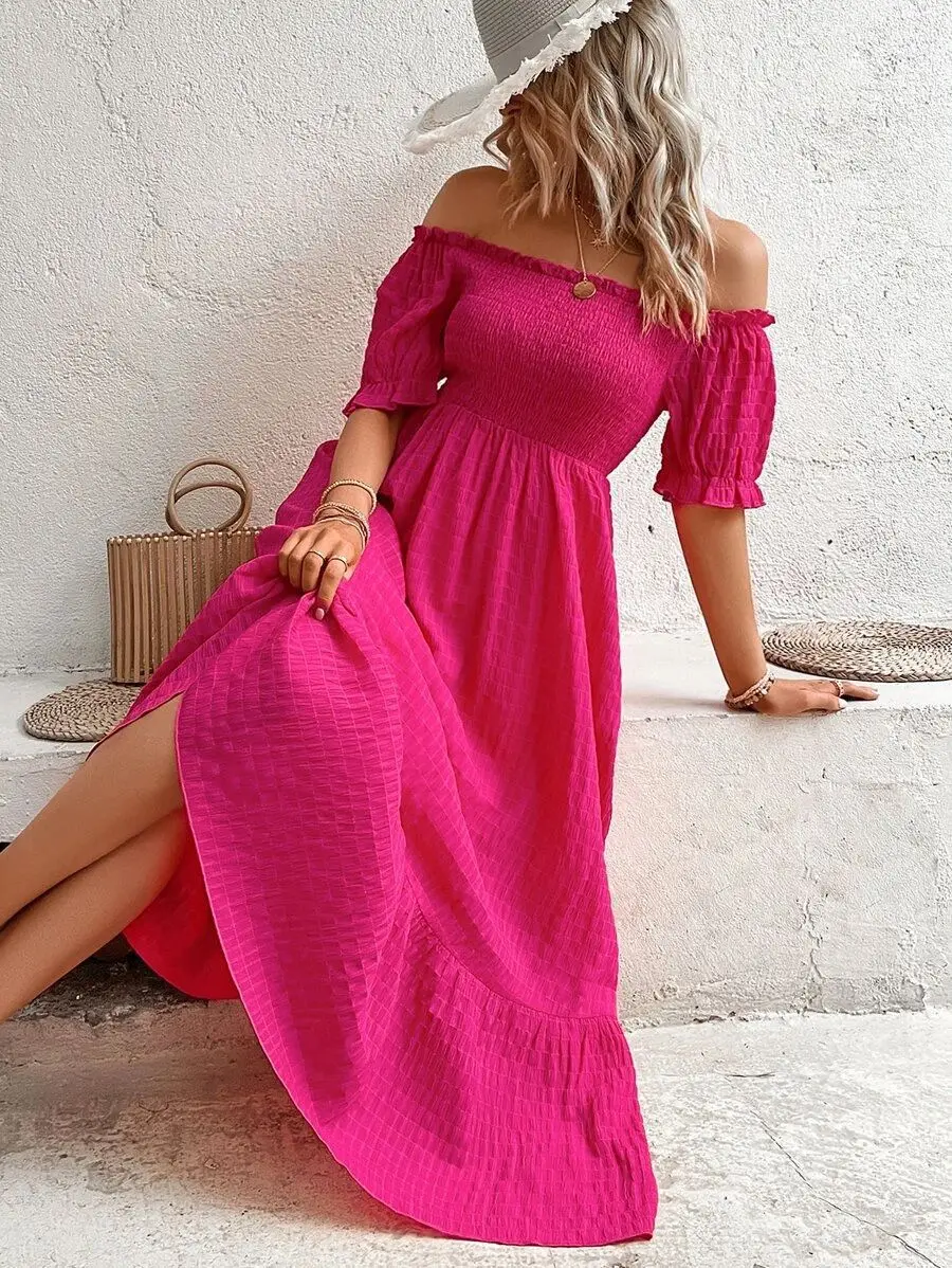 Women Dress Knitted Elastic Short Sleeve Bare Shoulder Long Skirt Elegant Women 2023 Summer Sexy Slash Neck Party Slim Dresses