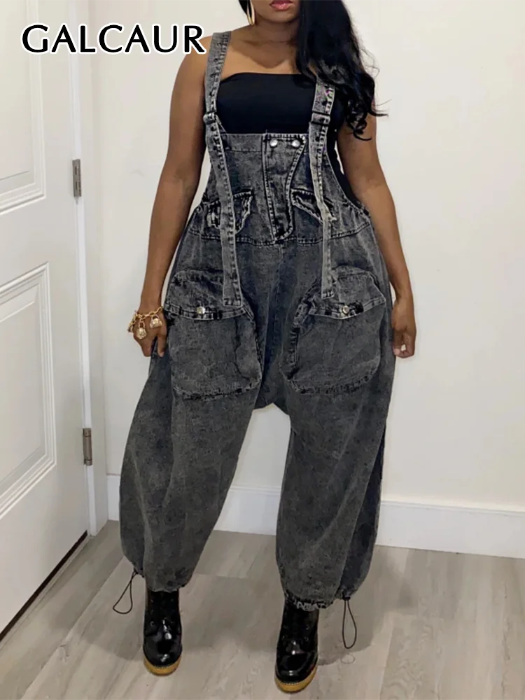 GALCAUR Solid Streetwear Jumpsuit For Women Square Collar Sleeveless Patchwork Pockets Loose Spring Denim Wide Leg Pants Female