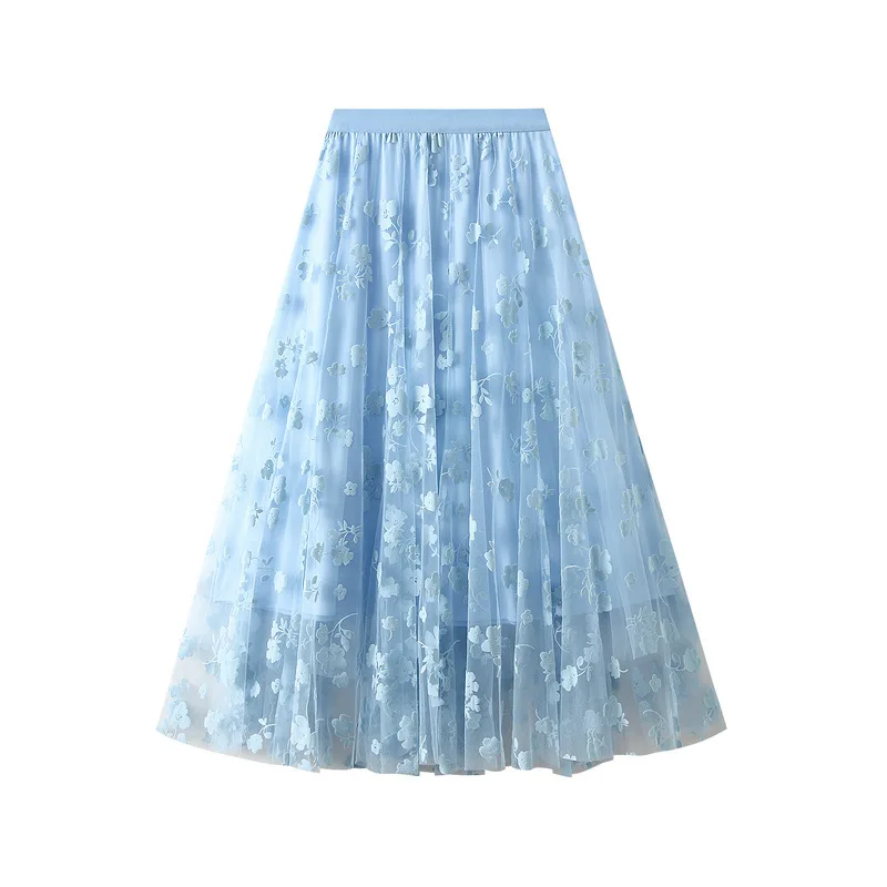 Floral flocage Style coréen doux taille haute élégant maille Midi jupes femmes 2025 été a-ligne décontracté ample Tulle jupe