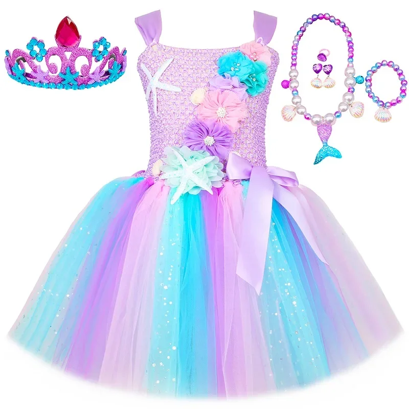 Prinses Zeemeermin Jurk voor Meisjes Pastel Bloemen Verjaardagsfeestje Tutu Jurken Halloween Kleine Zeemeermin Kostuum voor Kinderkleding