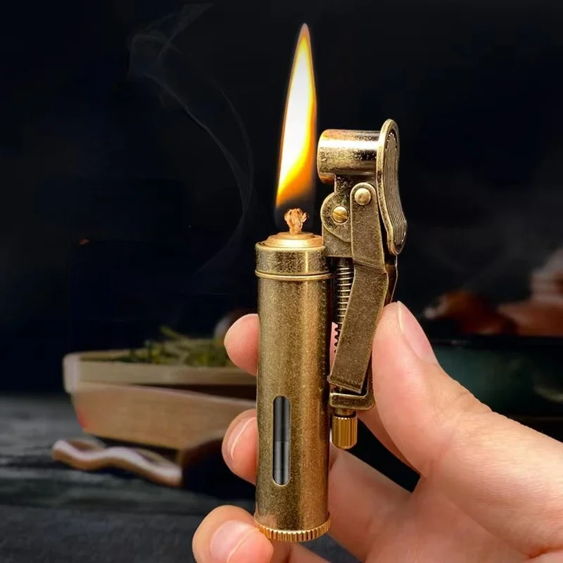 2024 New Copper Kerosene Lighter Visual Oil Tank One-key Ignition Retro Nostalgic Grinding Wheel Lighter Men's Smoking Gift