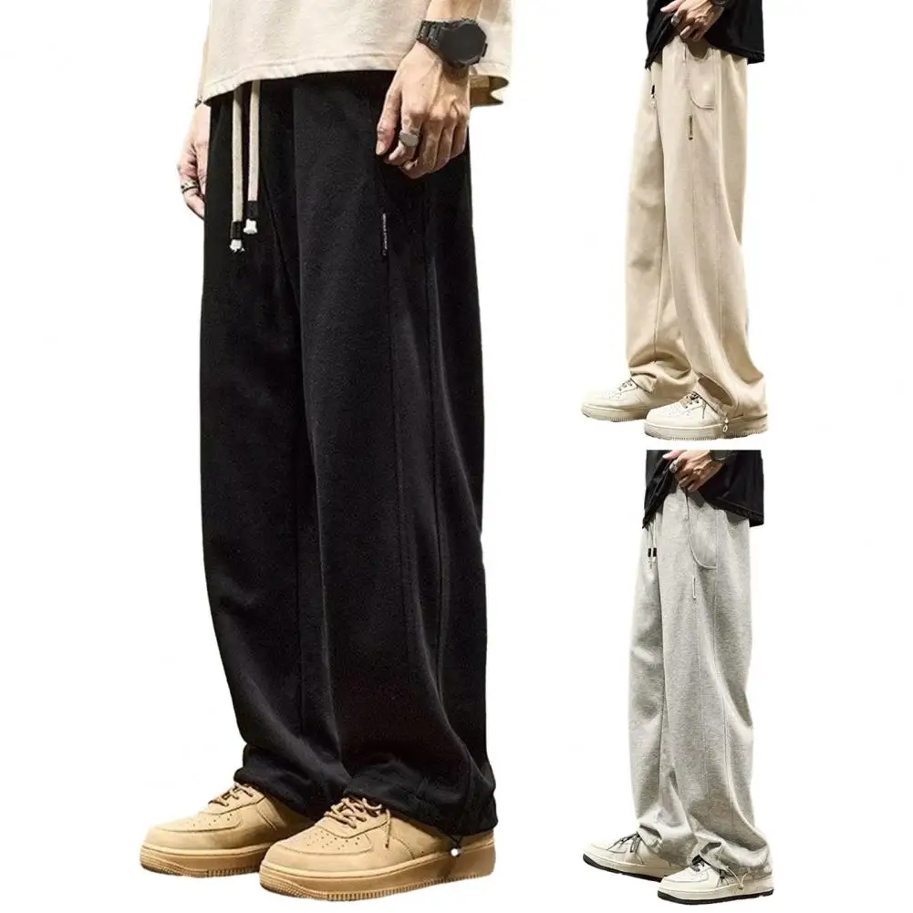 Solid Color Wide-leg Pants Thick Plush Drawstring Sweatpants with Wide Leg Pockets for Men Cozy Winter Trousers for Sports