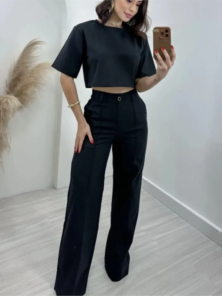 Casual New In Matching Two Piece Sets Women Summer 2024 Fashion Short Sleeve T-shirt Crop Tops High Waist Wide Leg Pant Sets