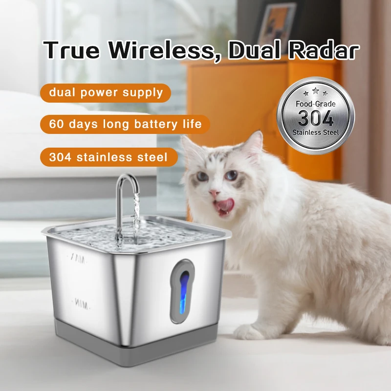 Dual Radar Intelligent Cat Water Fountain 4.0L Stainless Steel Wireless 5000mAh Battery Pets Water Dispenser For Cat Accessories