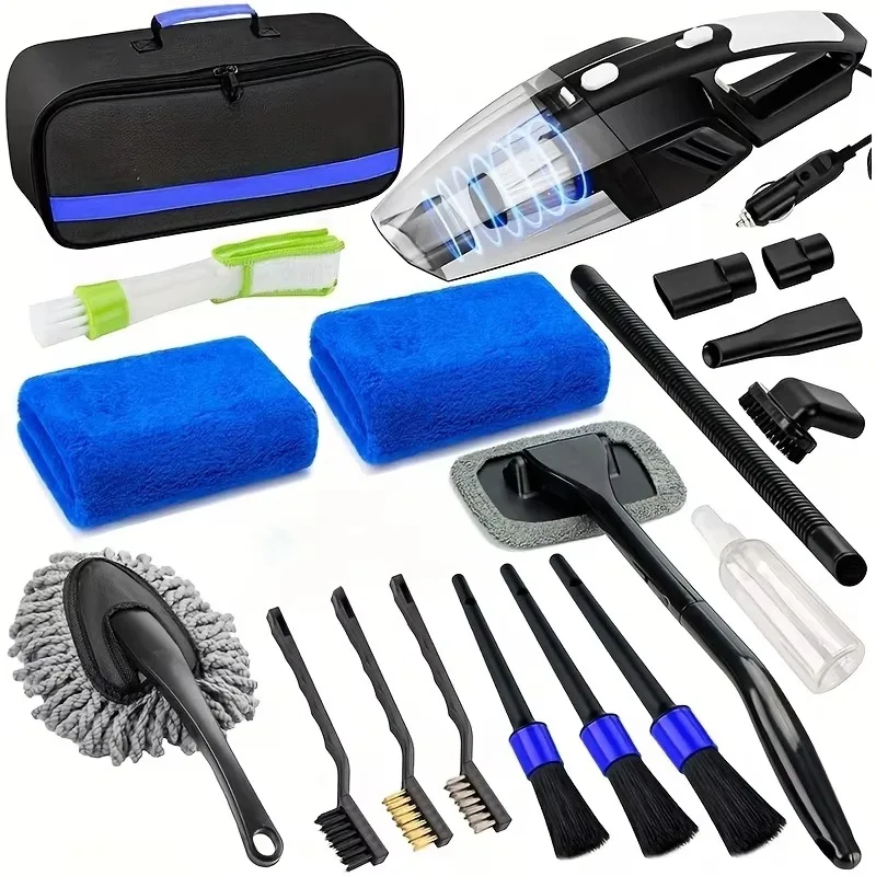 19Pcs Car Cleaning Kit Interior Detail Kit with High Power Handheld Vacuum Brush Kit Windshield Tool Dust Towel