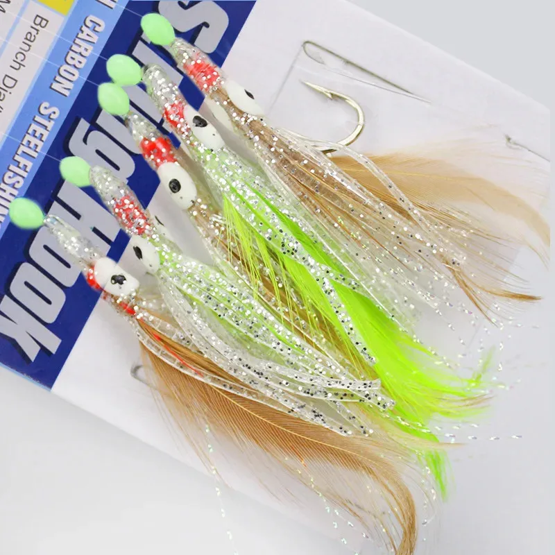 BRAVMACK 5Hoods Luminous Octopus Mackerel Feathers Sabiki Bait Rigs with String Lures Fishing Squid