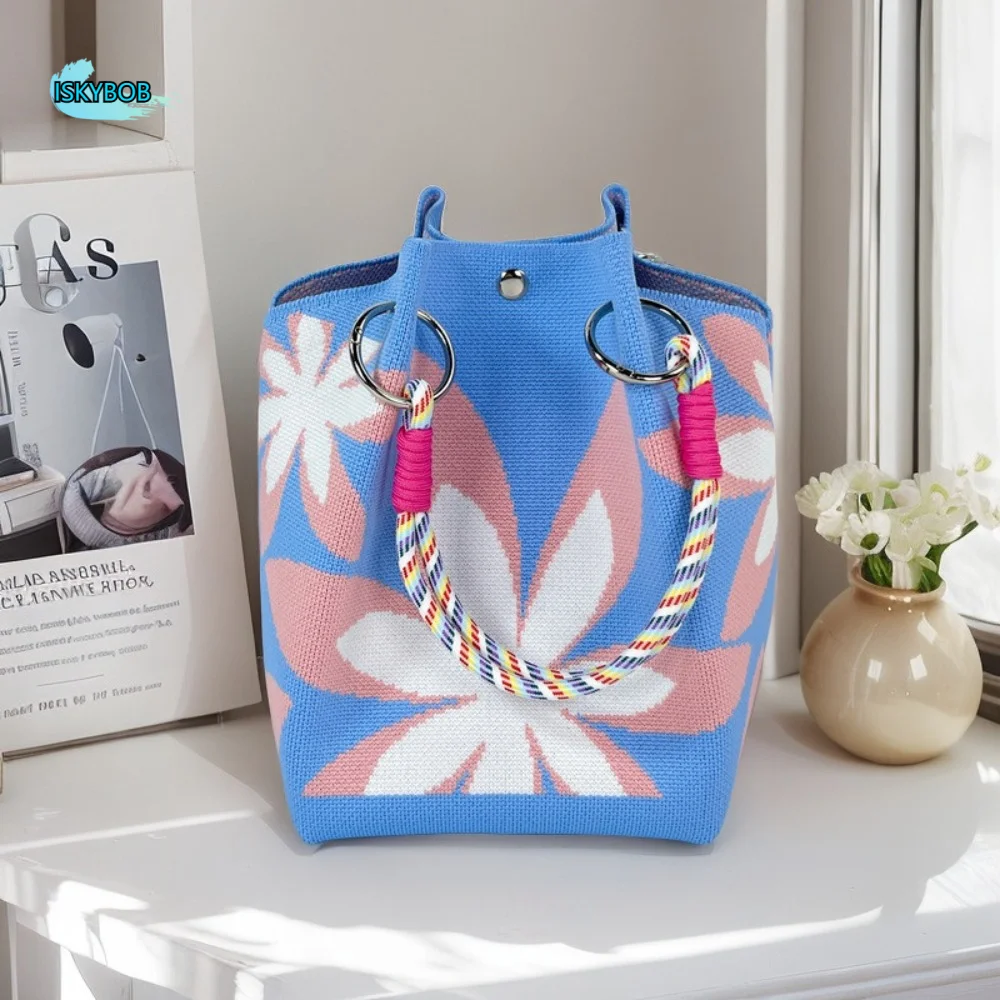 

Casual Portable Knitted Wrist Bag Butterfly Printed Floral Knit Handbag Purse Trendy Weave Bucket Bag Shopping Bag
