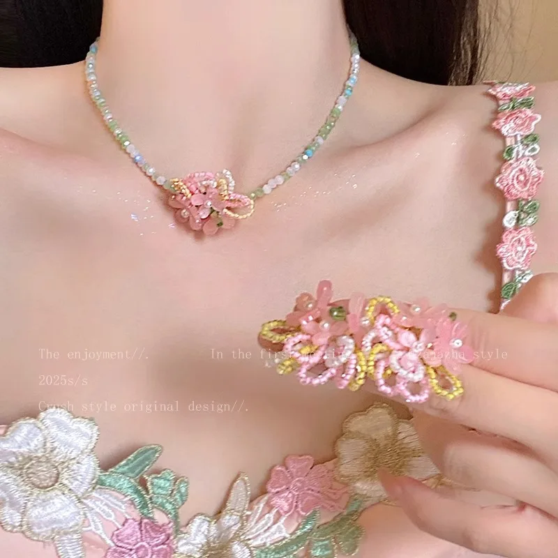 Beaded Necklace Acrylic Crabapple Blossom Vibrant Dreamy Cute Woodland Choker Women Spring Daily Party Premium Jewelry