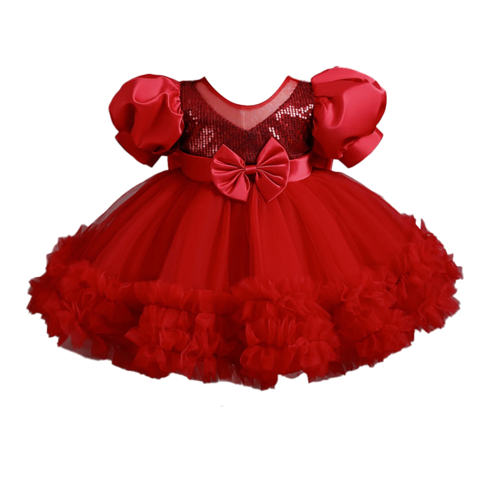 

Kids Toddlers Girls Birthday Party Princess Dress Bubble Sleeve Sequins Bow Frilly Tutu Dresses Wedding Bridesmaid Prom Gown