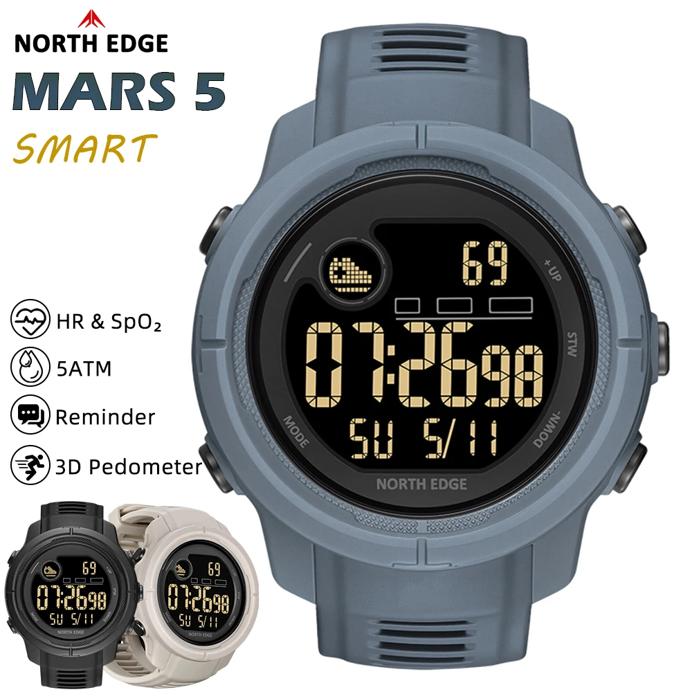 

NORTH EDGE новые мужские цифровые часы сердечного ритма, калорий, шагомер, мониторинг кислорода в крови, спортивные водонепроницаемые умные часы 50 м MARS 5