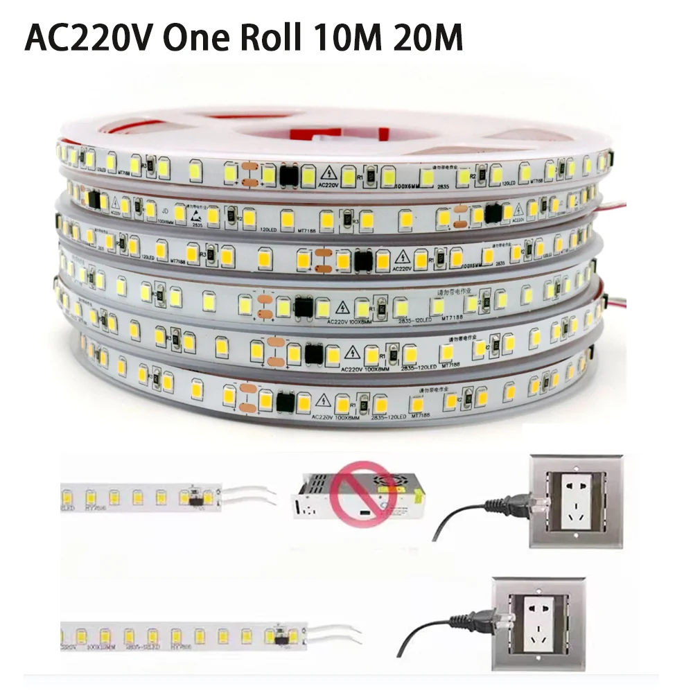 

Hight Bright AC220V 10M 20M LED Strip SMD2835 120LEDs/m LED Flexible Light 8mm Cuttable Warm White Soft Lamp Bar Room Decoration