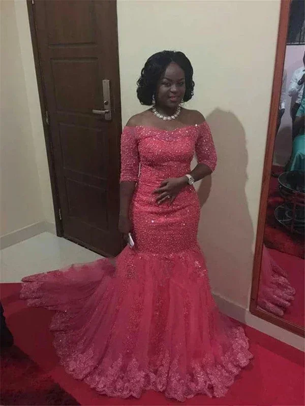 Customized Elegant Red Lace Mermaid Half Sleeves Off The Shoulder Plus Size African Wedding Dress Bridal Gowns Custom Made