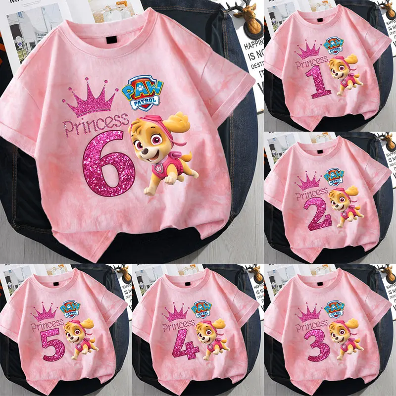 Paw Patrol Tie Dye T-shirts for Children Cartoon Birthday Numbers Short Sleeved Shirt Girls Summer Fashion Top Kids Clothes Gift