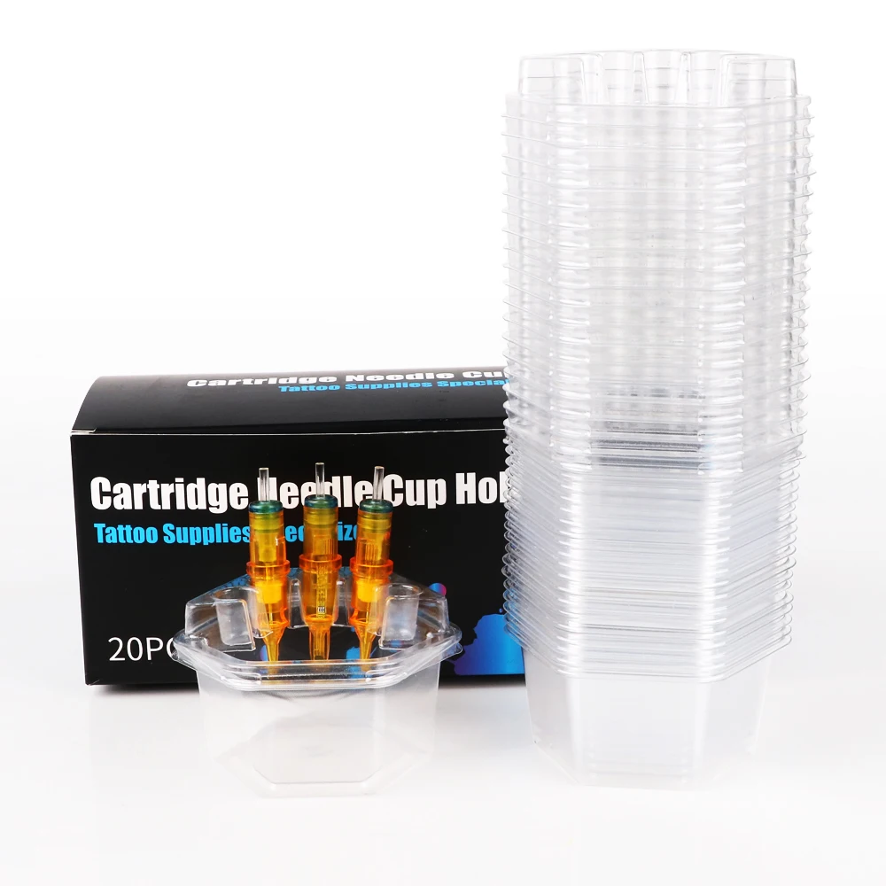20pcs Ink Cartridge Needles Cup Holder Plastic Tray HexagonDisposable Tattoo Needles Cleaning Cup For Permanent Makeup Supplies