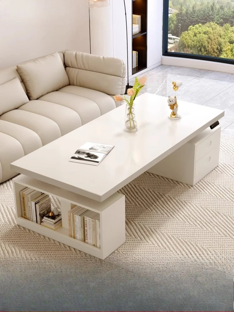 

White solid wood intelligent electric lifting coffee table dining table dual-purpose living room household small apartment tea
