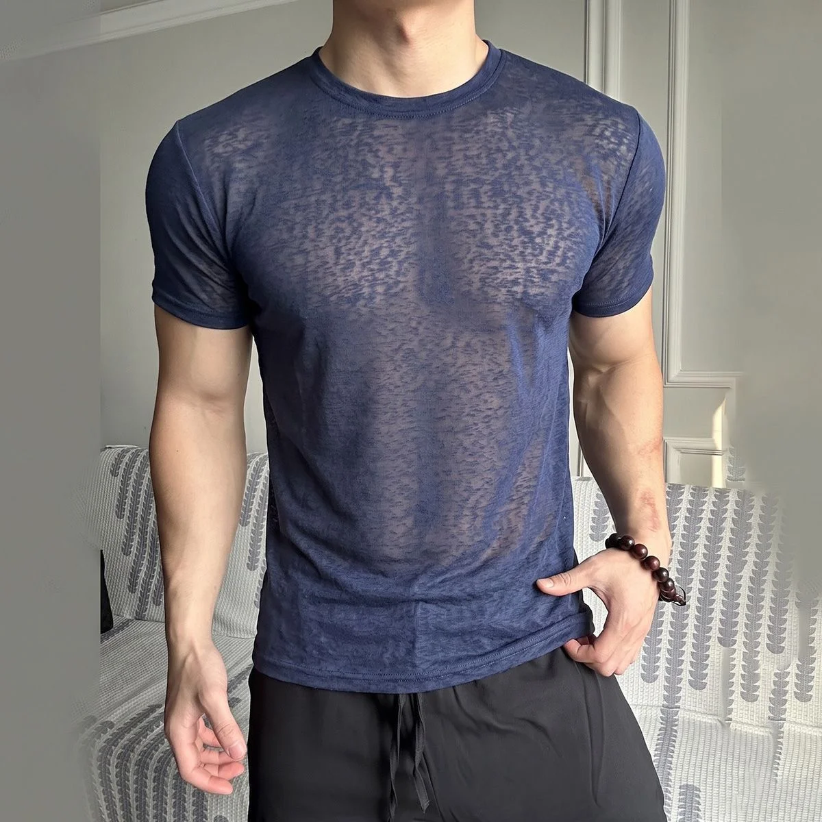 Snowflake Micro Transparent Short Sleeved T-shirts Men's Lyocell Round Neck T-shirt Fitness Show Muscle Thin Breathable Tops