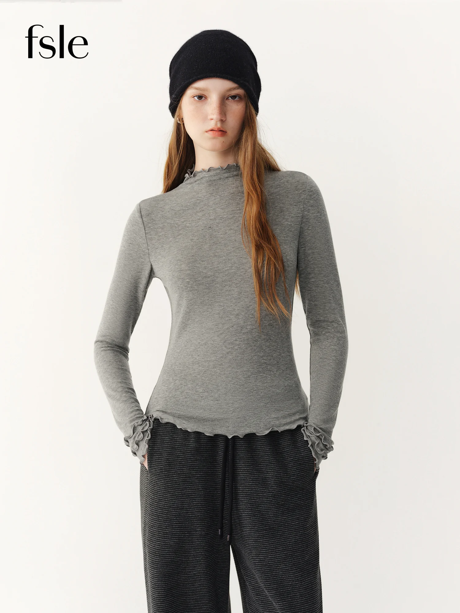 FSLE 2026 Autumn New Women Wool Blend Mock Neck Ruffle Trim Knit Tee Base Layer Top Elegant Soft Layering Inner Casual Slim Top