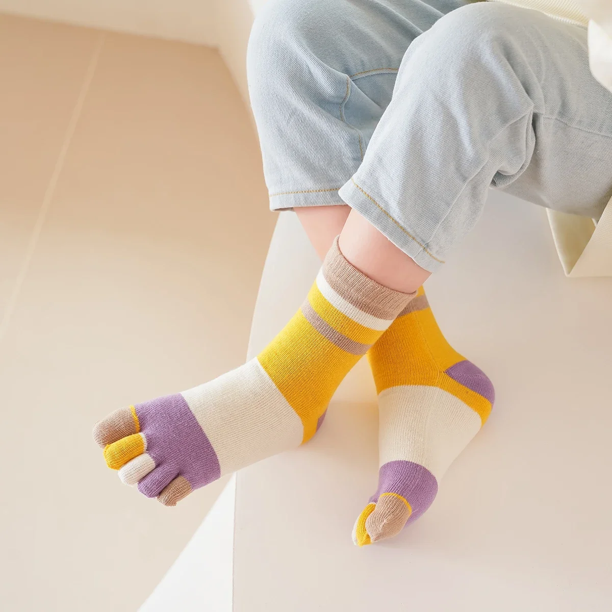 5 Pairs New Five Toe Socks for Children, Breathable, Comfortable Cute Deodorant Colorful Striped Short Cotton Socks Fashionable