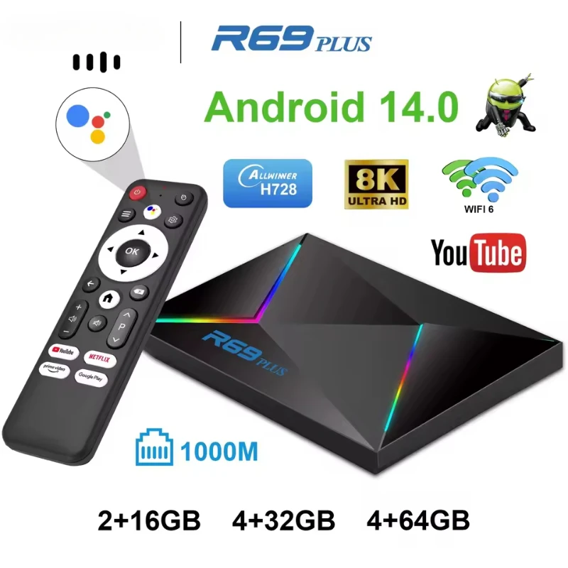 Smart TV Box Android 14.0 Allwinner H728 Octa-core Wifi6 BT5.0 8K HDR10 1000M LAN Ram 2GB4GB Rom 32GB 64GB Set Top Box R69 Plus