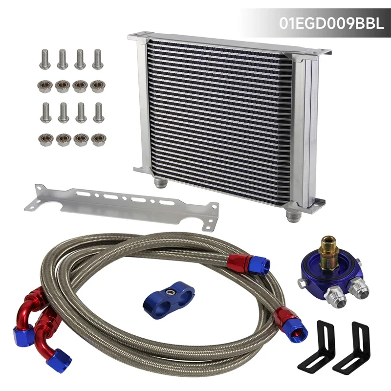 

Universal 30 Row AN10 Engine Transmission Oil Cooler w/Bracket + Oil Filter Adapter Kit Silver / Black For Honda Toyota