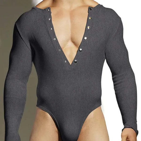 Sexy Men Sheer Mesh See Through Bodysuit Long Sleeve Transparent Jumpsuit Button V-neck Tight Elastic Seductive Erotic Lingerie