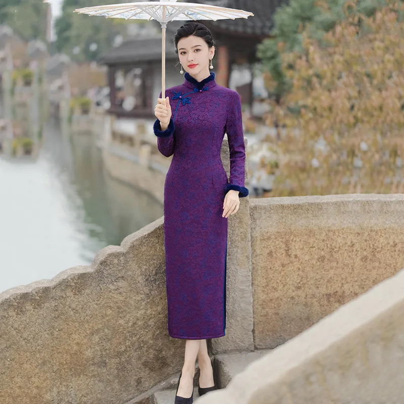 Lady Long Sleeve Qipao Jacquard Satin Cheongsam Mandarin Collar Evening Party Dress Vintage Button Collar Vestidos Lounge Wear