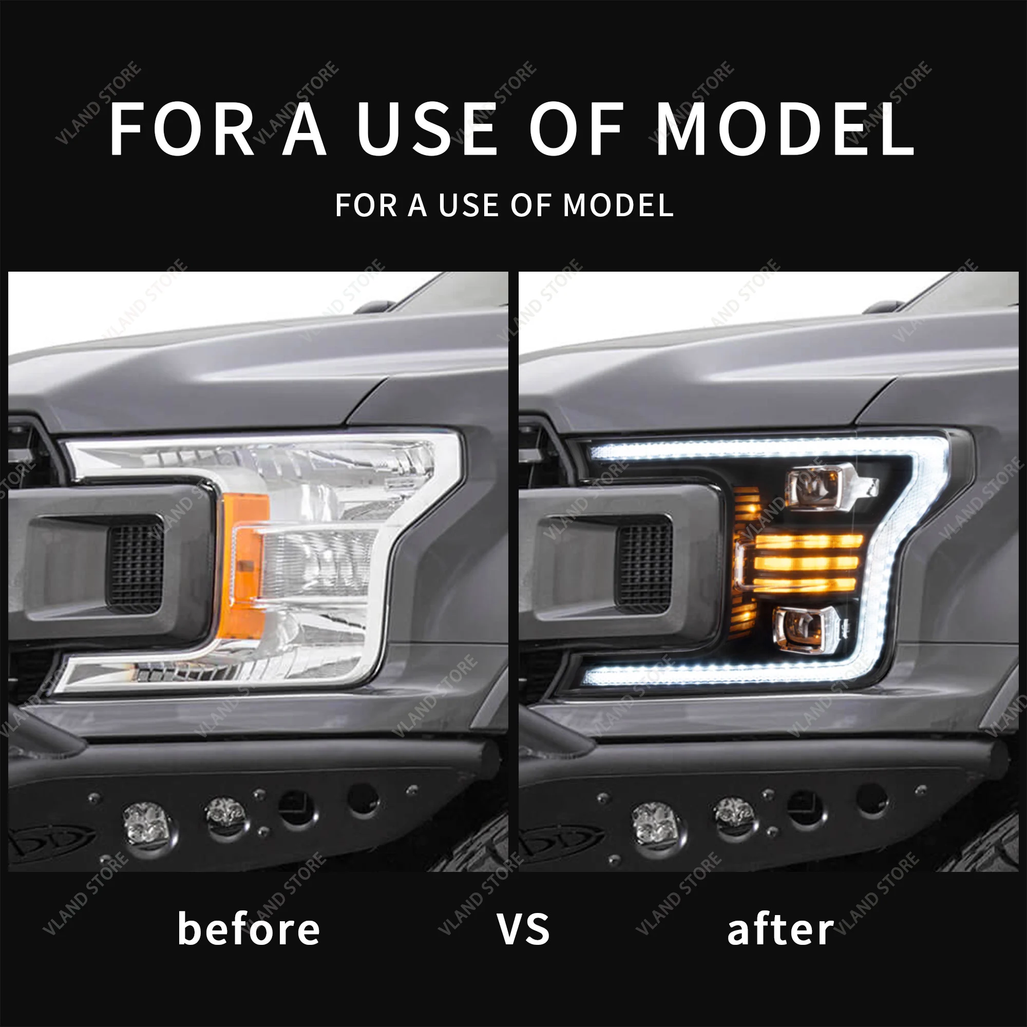 VLAND 2018-2020 F150 13th Gen LED Headlights Dual Beam Projector Black Housing Front Lamps Assembly Set of 2