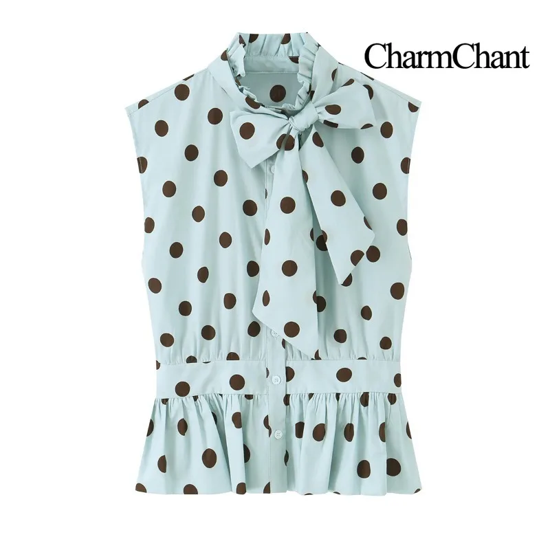 CHARMCHANT Women's Polka Dot Bow Tie Neck Sleeveless Blouse Ruffle Collar Waist Shirred Peplum Hem Shirt Office Summer 2026