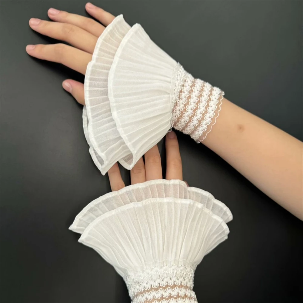 1 Pair Black White Color Double Ruffle Fake Cuff Solid Color Cuffs Bracelet Lace Pleated Wrist Cuffs Sleeves for Women