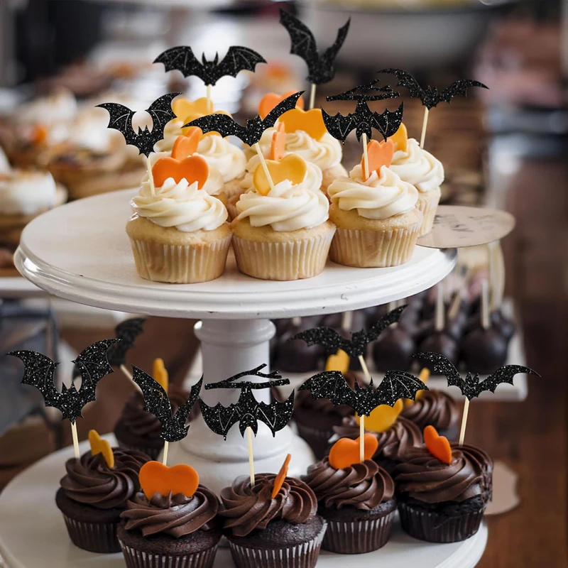 12/24 Stück Halloween Fledermaus Cupcake Topper Schwarz Glitzer Fledermaus Cupcake Picks für Kinder Halloween Geburtstag Party Kuchen Dekoration Lieferungen – Detail 3