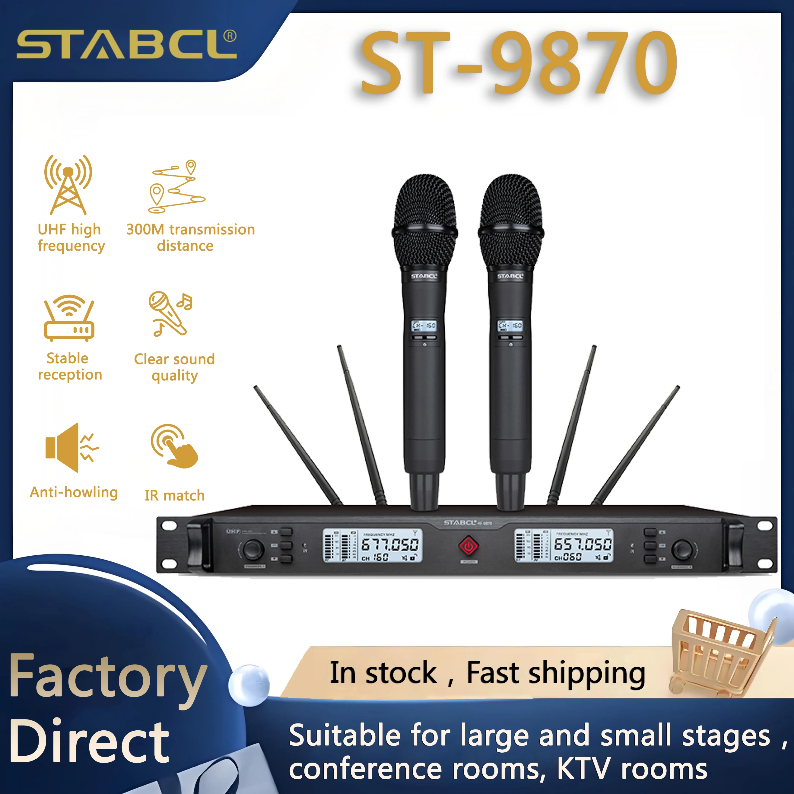 

Wireless Microphone 2 Channels UHF Professional Mic Dynamic Handheld For Party Karaoke Church Show Meeting