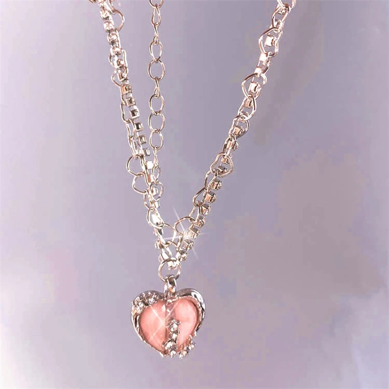 Shiny Crystal Split Heart Necklace Pendant for Women Teenagers Y2K Personality Silver Color Statement Choker 2023 Party Jewelry