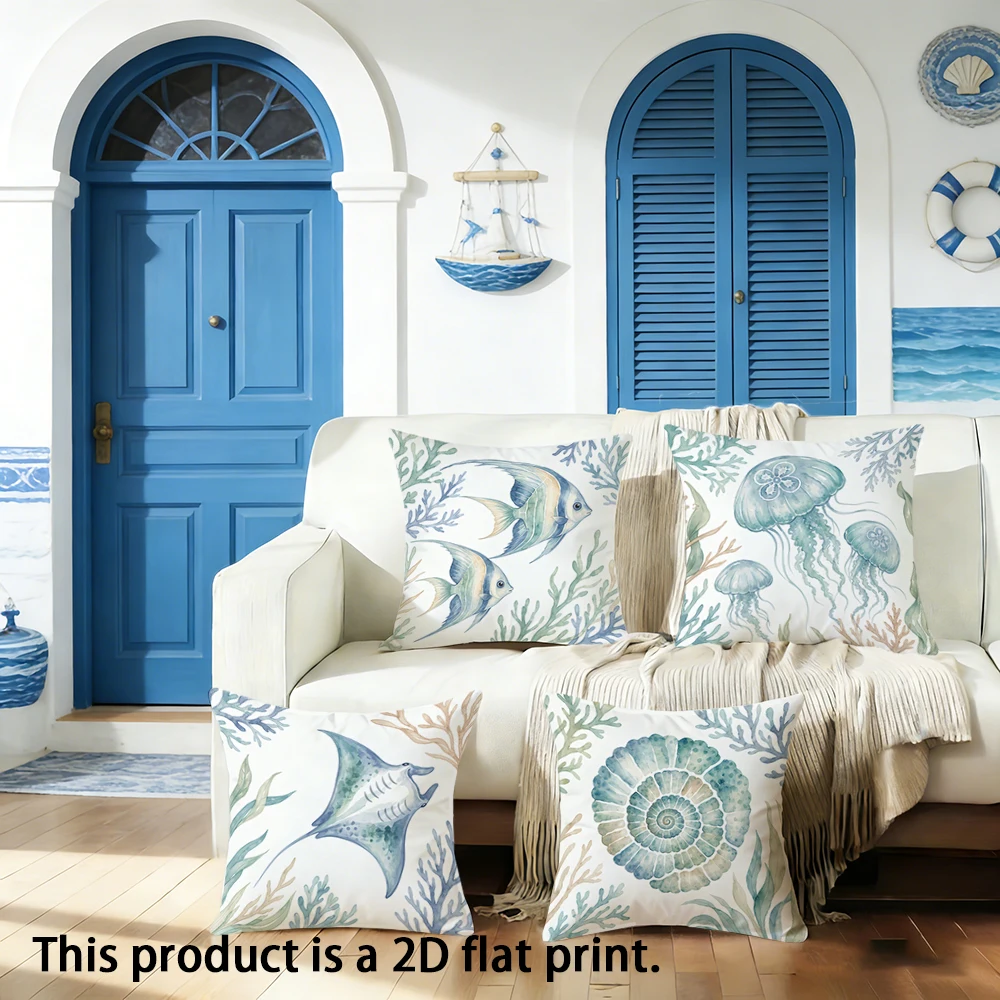 1pc  Nautical Watercolor Ocean Theme Throw Pillow Covers, Coastal Marine Life Cushion Cases for Home Sofa Bedroom Decor
