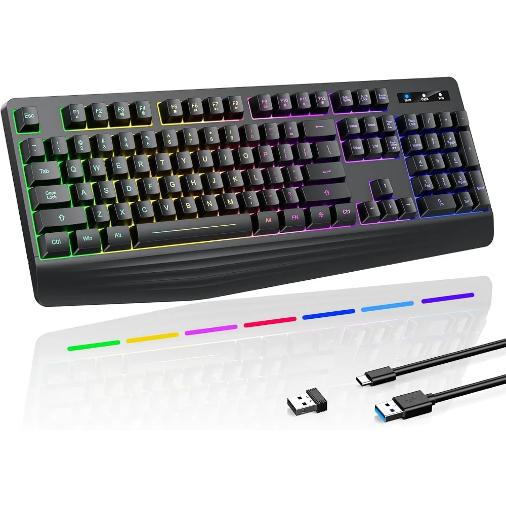 Full-Size Waterproof Backlit Gaming Keyboard, Silent Keys, Wrist Rest, Rechargeable 2.4G Wireless for Multiple Systems