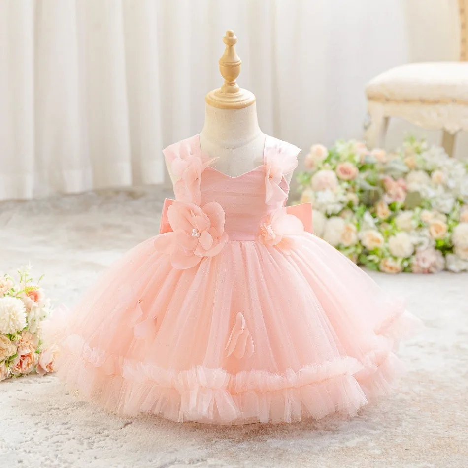 Girls Pink Tulle Flower Dress with 3D Floral Decor Puffy Skirt for Baby Shower Party Photoshoot and Holiday Events Costume ASQ03