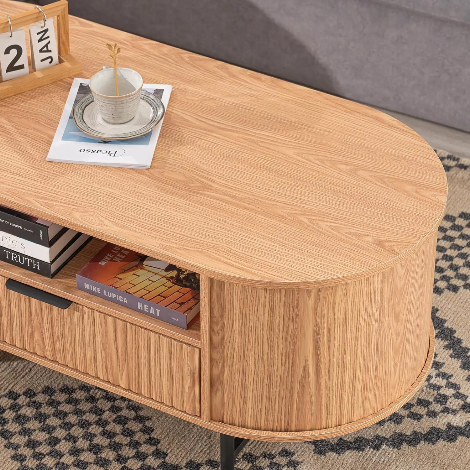 Modern Fluted Coffee Table, 43.3'' Modern Oval Coffee Table With Drawer, Curved Wooden Coffee Table With Black Metal Legs For