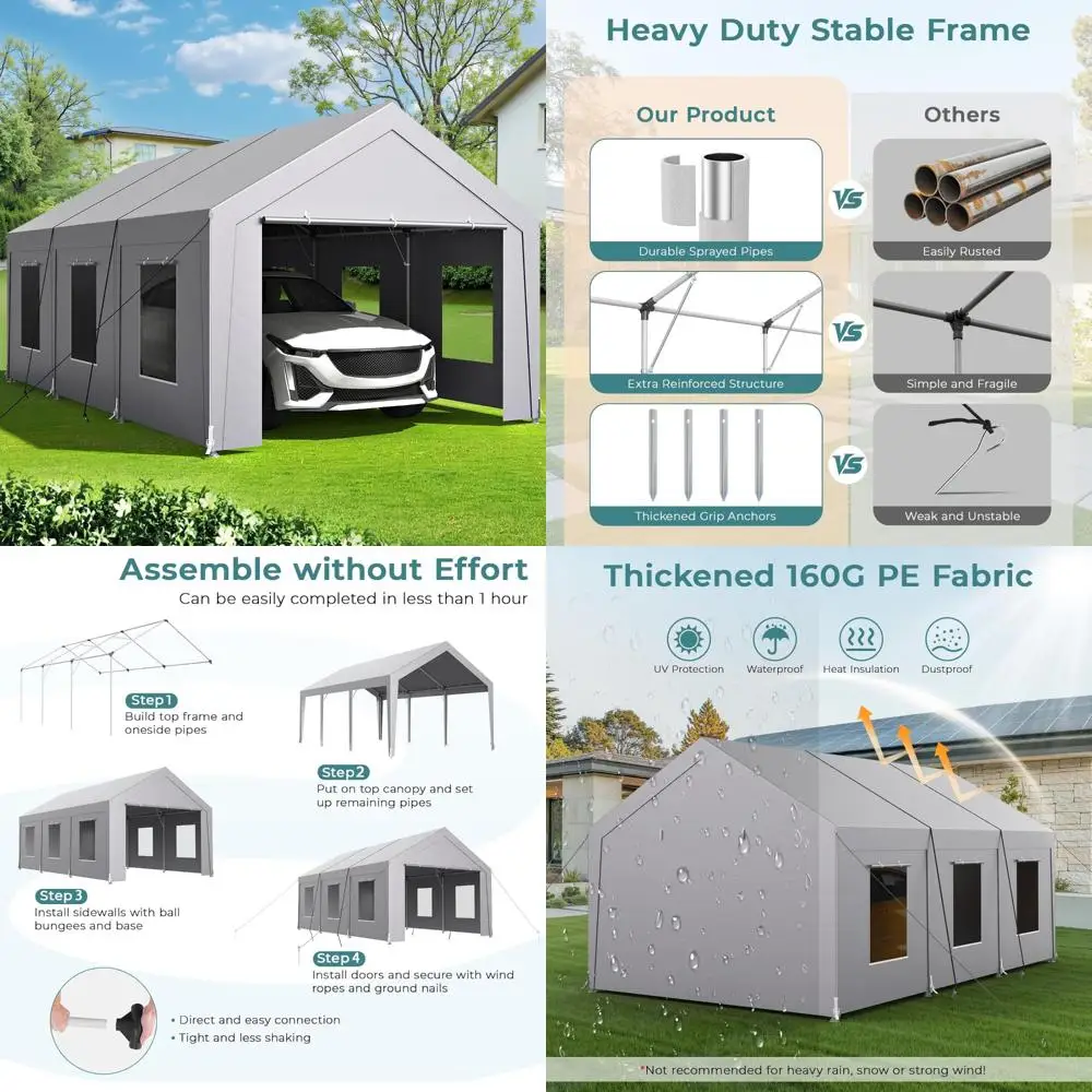 

carport 12x20 ft heavy duty, car port with reinforced steel frame and 6 roll-up windows, portable garage with sturdy ground nail